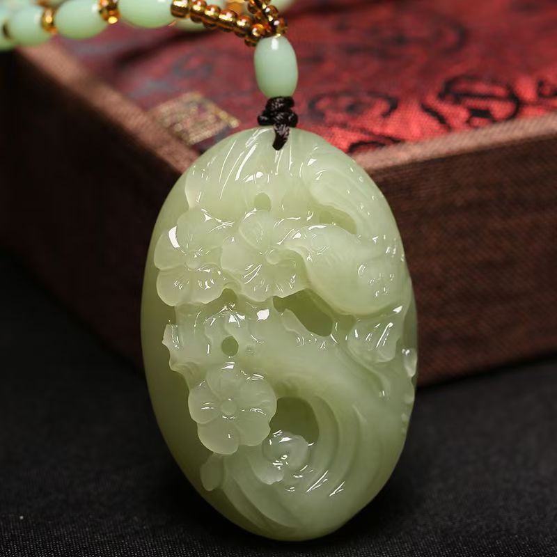 Natural Hetian Jade Magpie & Plum Blossom Pendant Necklace, Hand Carved Green Jade Oval Charm, Traditional Prosperity Amulet