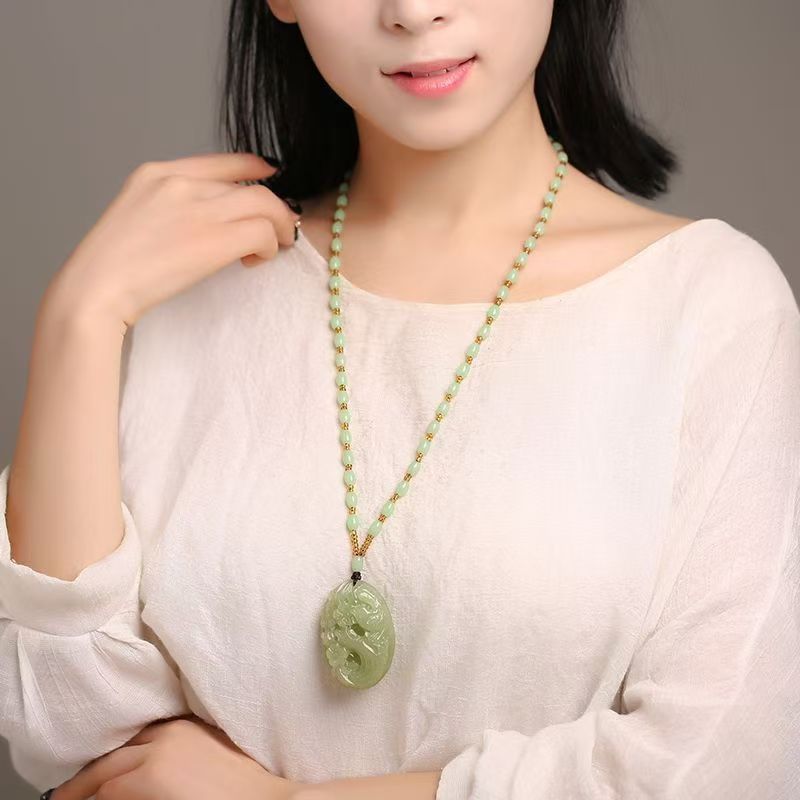 Natural Hetian Jade Magpie & Plum Blossom Pendant Necklace, Hand Carved Green Jade Oval Charm, Traditional Prosperity Amulet