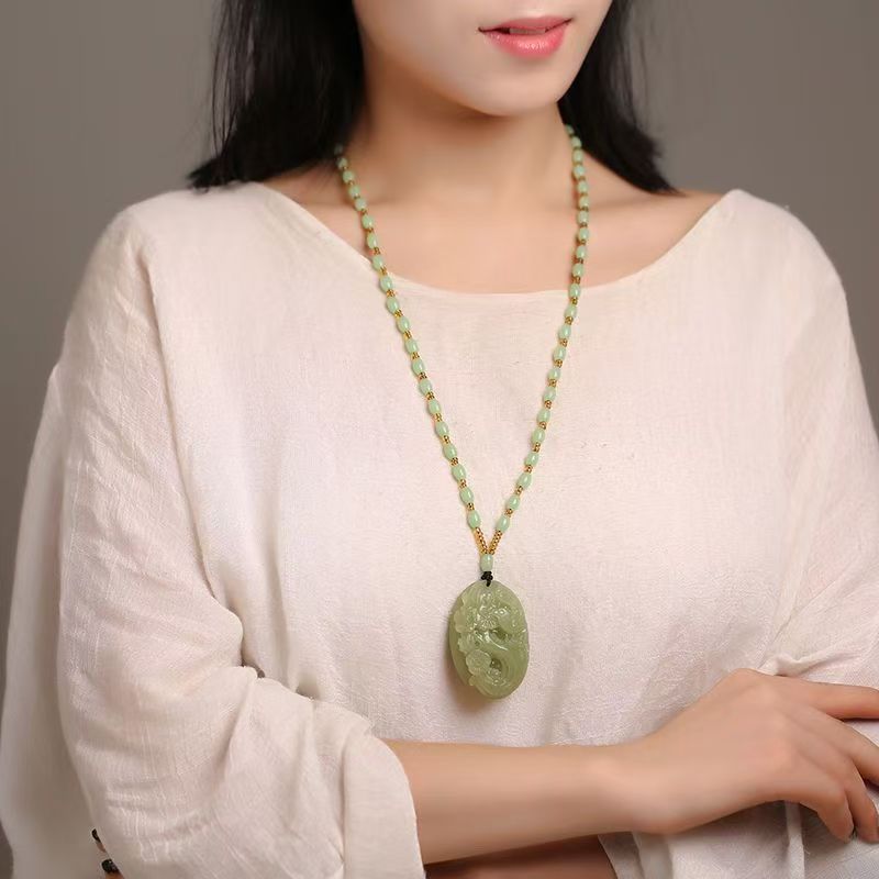 Natural Hetian Jade Magpie & Plum Blossom Pendant Necklace, Hand Carved Green Jade Oval Charm, Traditional Prosperity Amulet