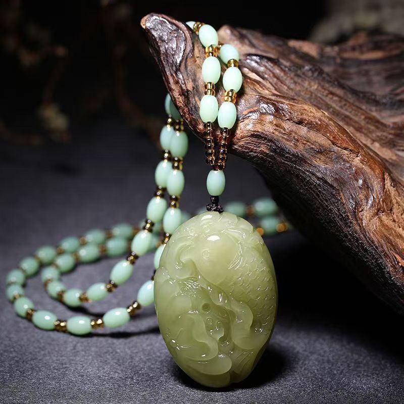 Natural Hetian Jade Fish Pendant Necklace, Hand Carved Green Jade Prosperity Charm, Traditional Yearly Abundance Amulet 20260214 - 05