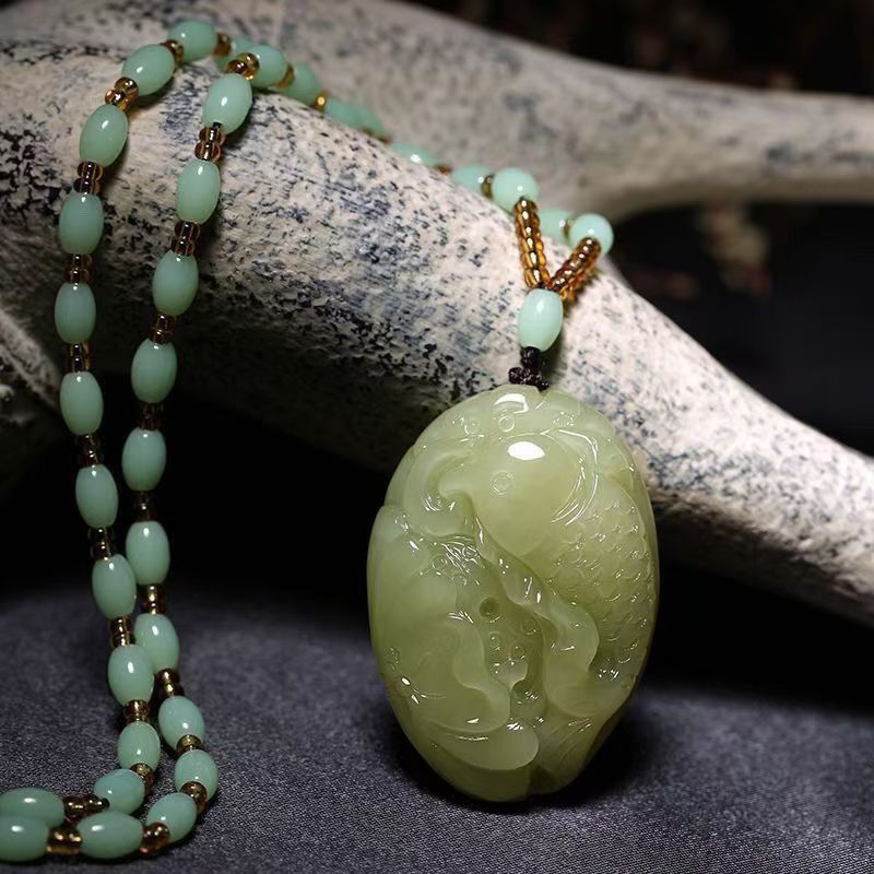 Natural Hetian Jade Fish Pendant Necklace, Hand Carved Green Jade Prosperity Charm, Traditional Yearly Abundance Amulet 20260214 - 05