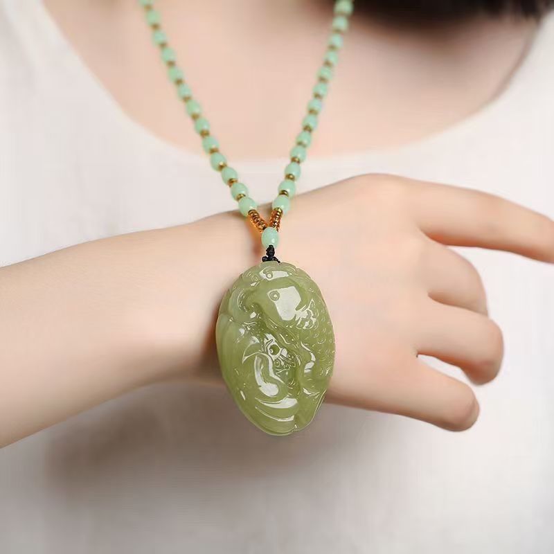 Hetian Jade Fish Pendant Necklace Hand Carved Green Jade Prosperity Charm