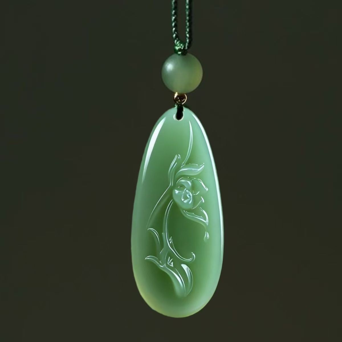 Natural Hetian Jade Lotus Pendant Necklace, Hand Carved Green Jade Water Drop Charm, Blooming Lotus Symbolic Amulet 20260214 -06 0