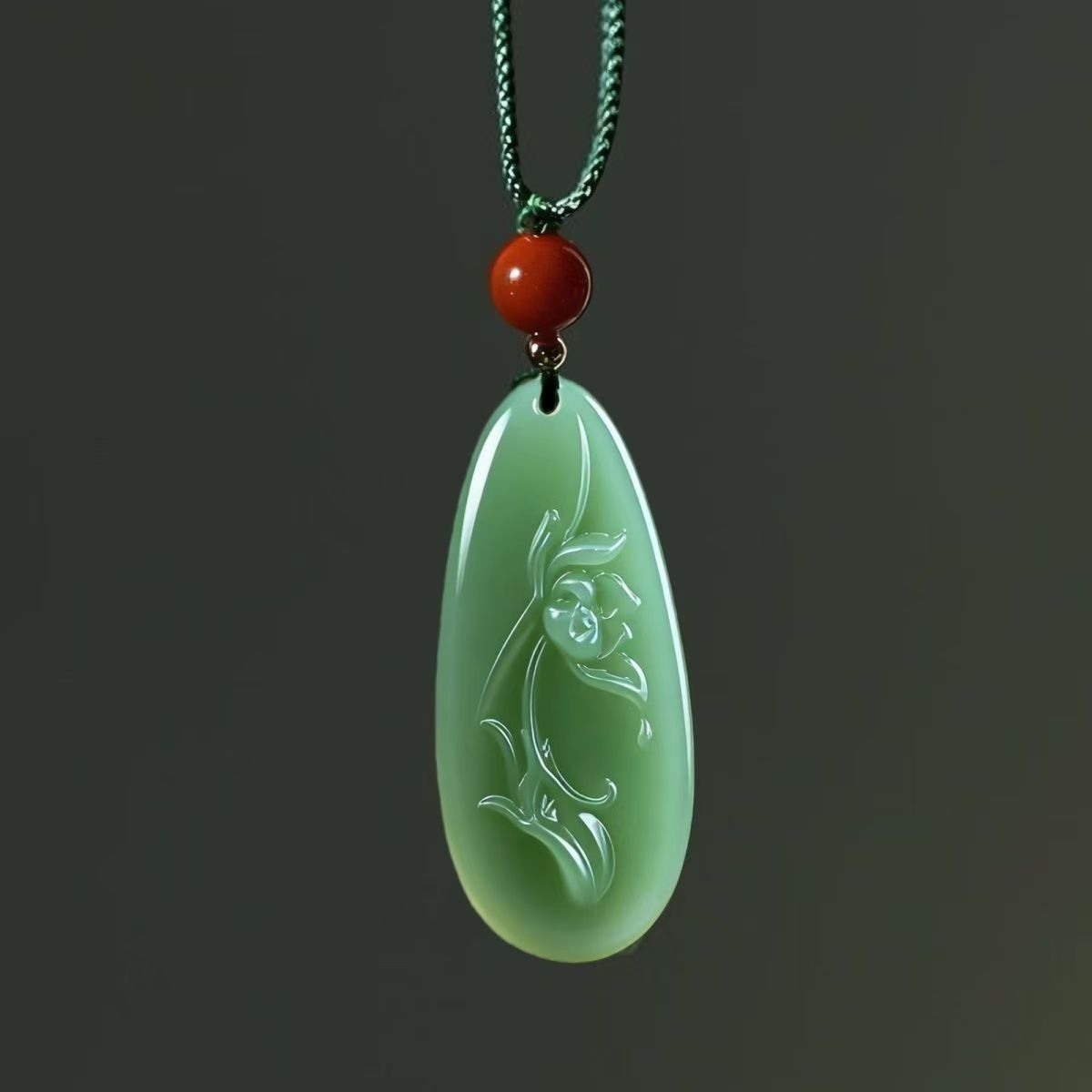 Natural Hetian Jade Lotus Pendant Necklace, Hand Carved Green Jade Water Drop Charm, Blooming Lotus Symbolic Amulet 20260214 -06 0