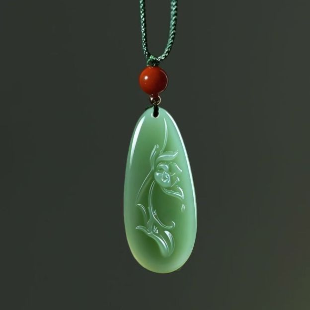 Natural Hetian Jade Lotus Pendant Necklace, Hand Carved Green Jade Water Drop Charm, Blooming Lotus Symbolic Amulet 20260214 -06 0