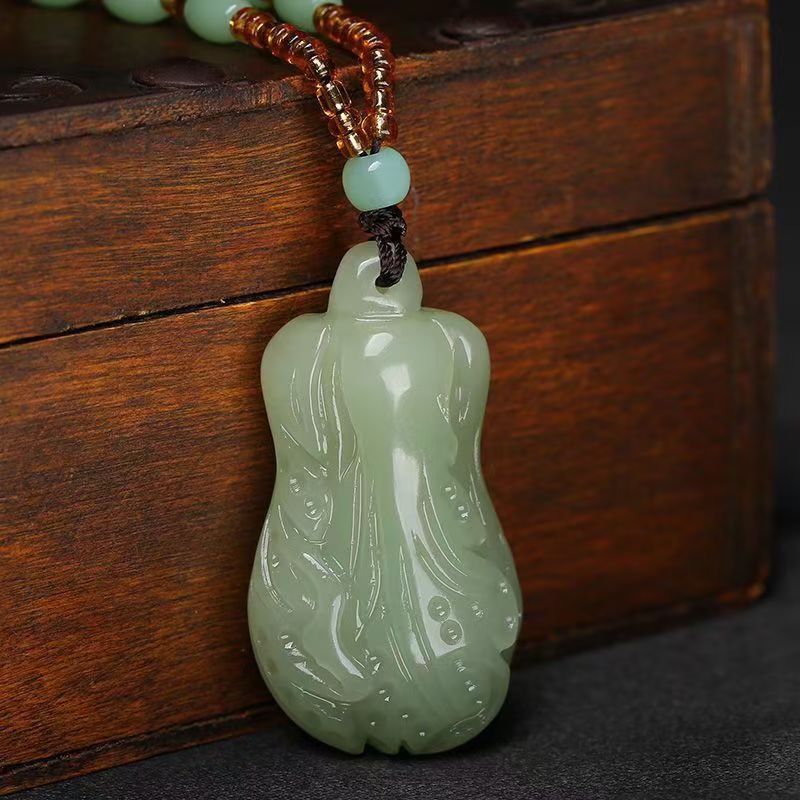 Natural Hetian Jade Vegetable Pendant Necklace, Hand Carved Green Jade Cabbage Charm, Prosperity Symbol Jade Amulet 20260214 -07