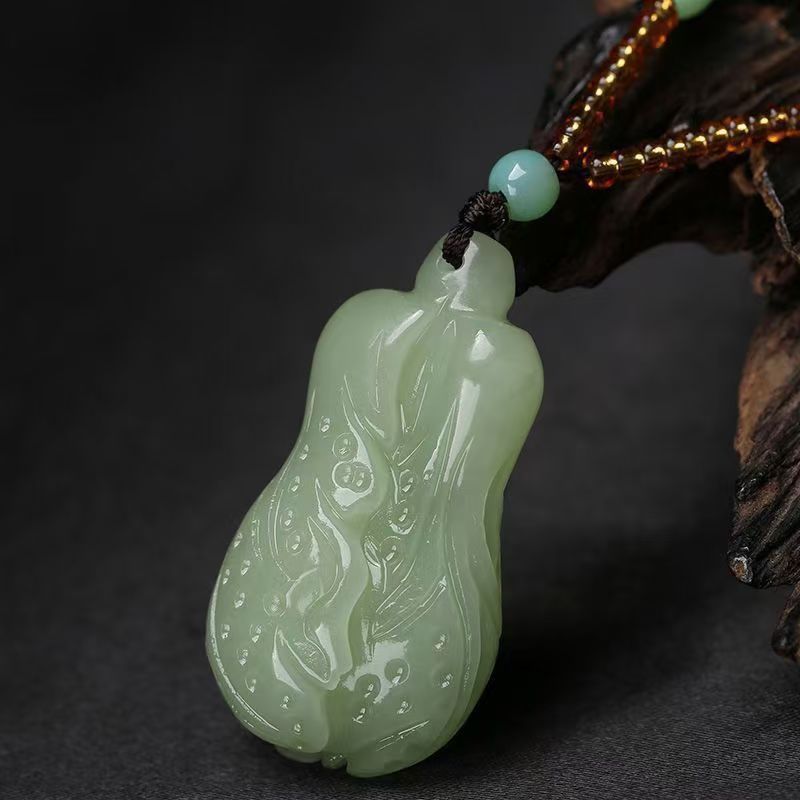 Natural Hetian Jade Vegetable Pendant Necklace, Hand Carved Green Jade Cabbage Charm, Prosperity Symbol Jade Amulet 20260214 -07
