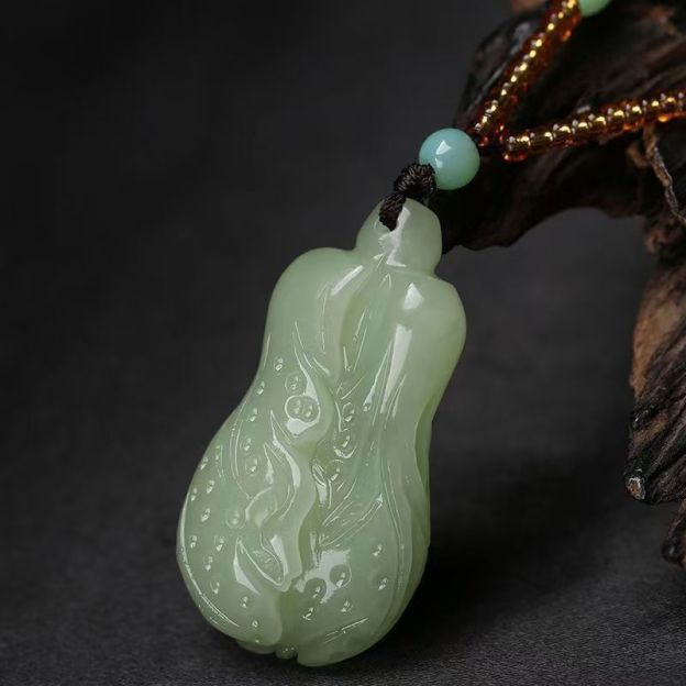 Natural Hetian Jade Vegetable Pendant Necklace, Hand Carved Green Jade Cabbage Charm, Prosperity Symbol Jade Amulet 20260214 -07