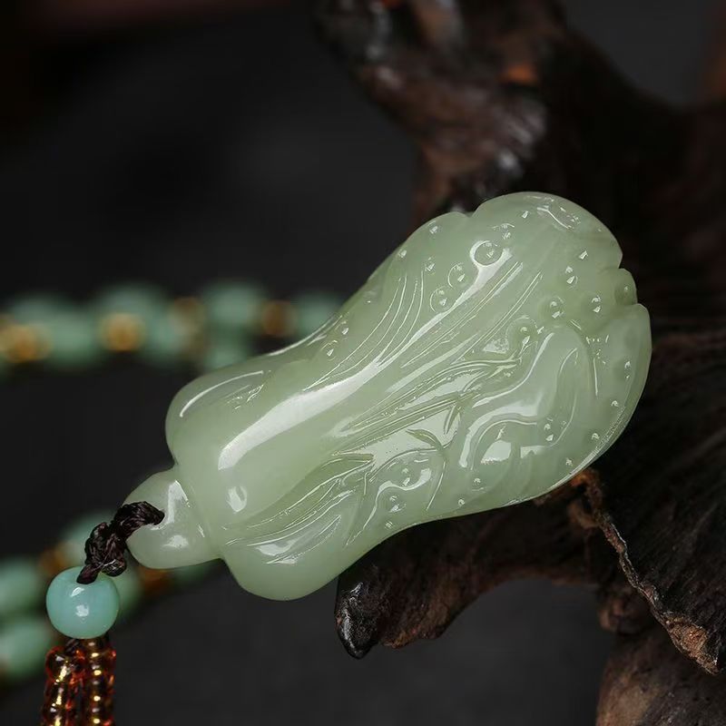 Natural Hetian Jade Vegetable Pendant Necklace, Hand Carved Green Jade Cabbage Charm, Prosperity Symbol Jade Amulet 20260214 -07