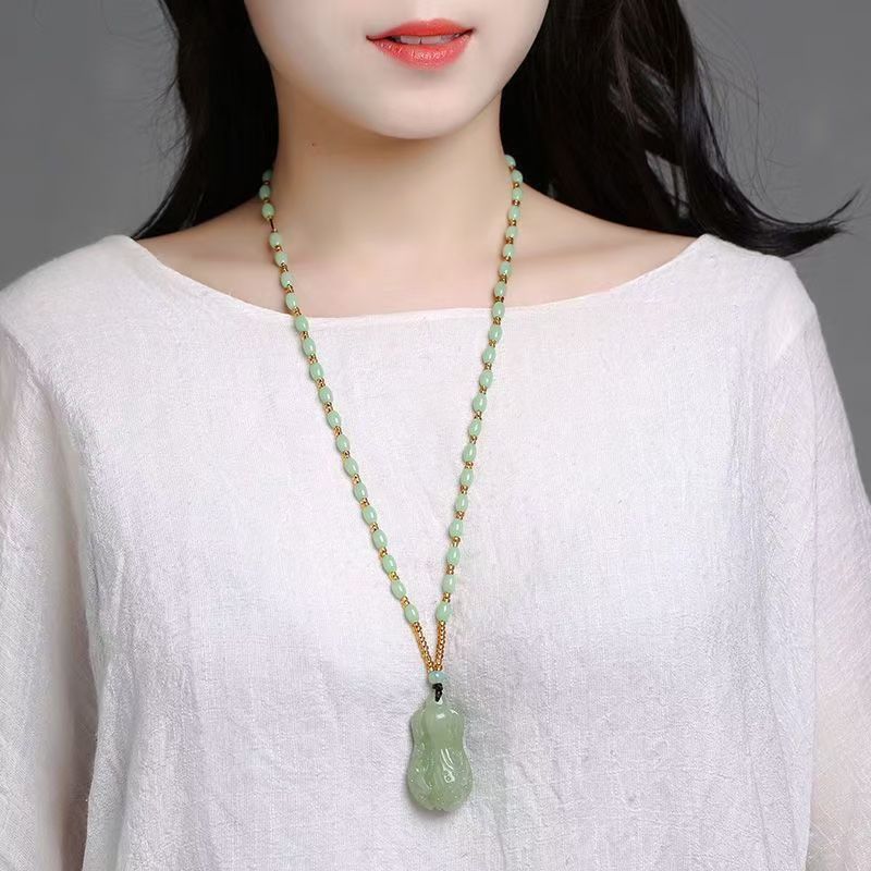 Natural Hetian Jade Vegetable Pendant Necklace, Hand Carved Green Jade Cabbage Charm, Prosperity Symbol Jade Amulet 20260214 -07