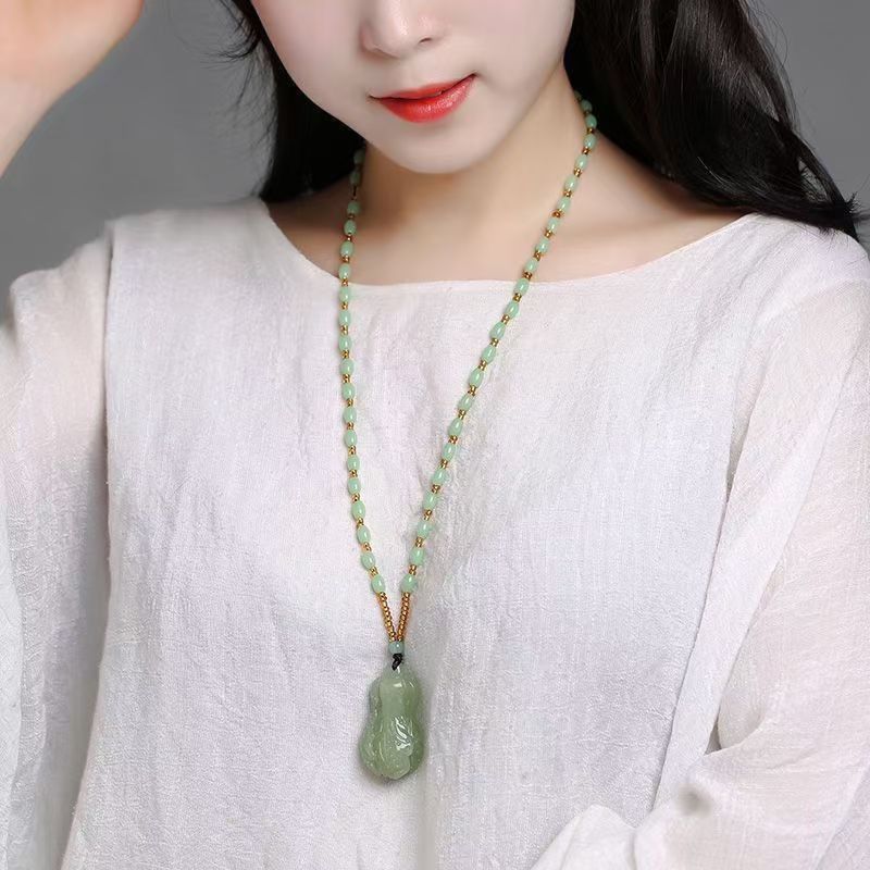 Natural Hetian Jade Vegetable Pendant Necklace, Hand Carved Green Jade Cabbage Charm, Prosperity Symbol Jade Amulet 20260214 -07