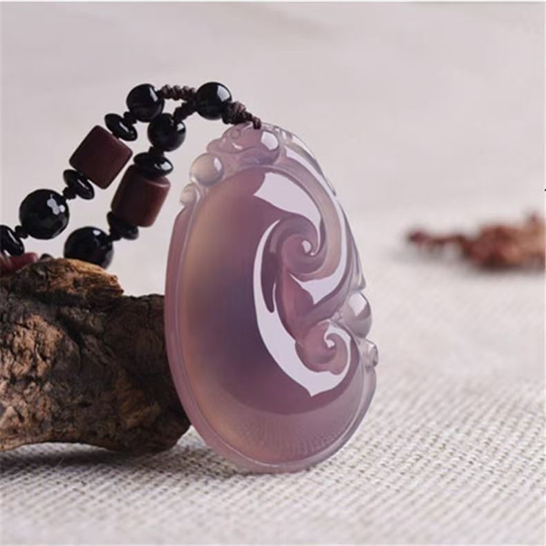 Natural Agate Chalcedony Ruyi Pendant Carved Gemstone Amulet Necklace Charm Traditional Fortune Longevity Jewelry
