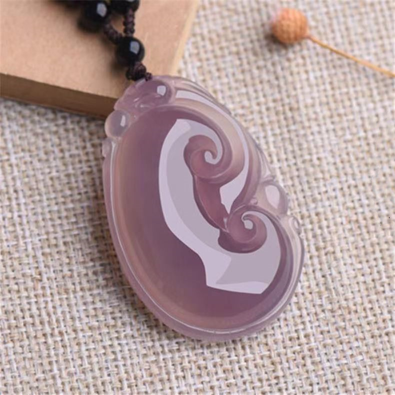 Natural Agate Chalcedony Ruyi Pendant Carved Gemstone Amulet Necklace Charm Traditional Fortune Longevity Jewelry