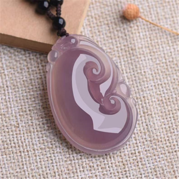 Natural Agate Chalcedony Ruyi Pendant Carved Gemstone Amulet Necklace Charm Traditional Fortune Longevity Jewelry