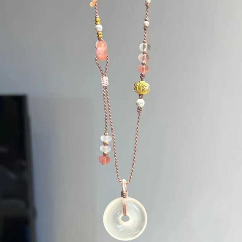 Natural Chalcedony Pi Disc Pendant Handwoven Peace Buckle Necklace Translucent Gemstone Amulet Adjustable Cord Jewelry  20260215 -04