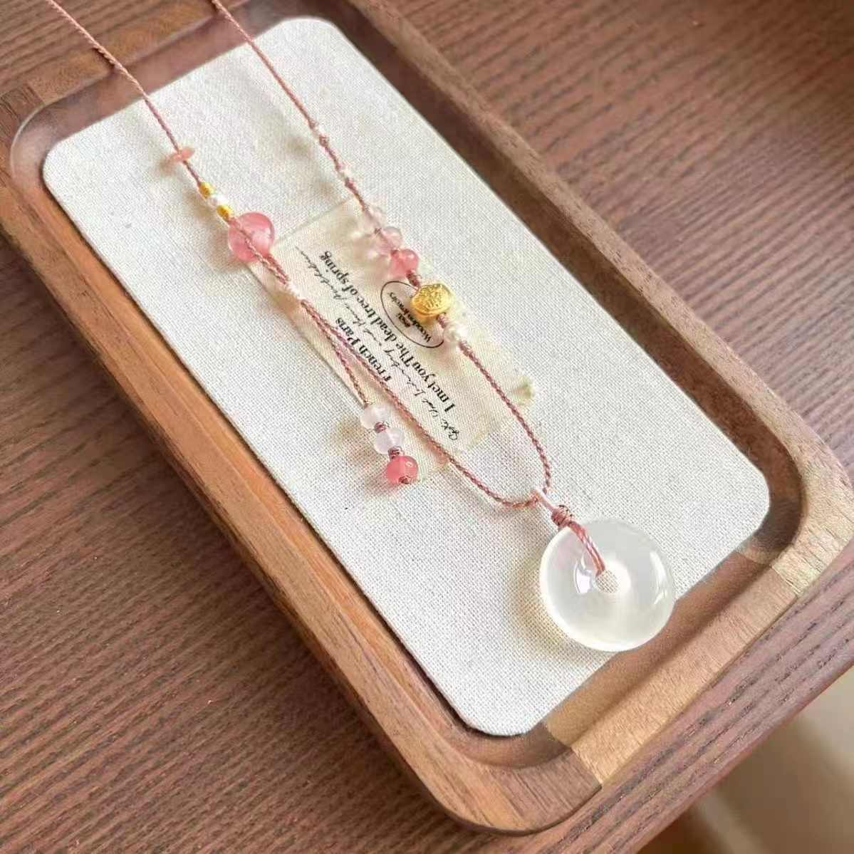 Natural Chalcedony Pi Disc Pendant Handwoven Peace Buckle Necklace Translucent Gemstone Amulet Adjustable Cord Jewelry  20260215 -04