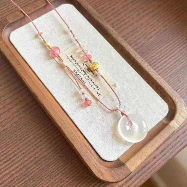 Natural Chalcedony Pi Disc Pendant Handwoven Peace Buckle Necklace Translucent Gemstone Amulet Adjustable Cord Jewelry  20260215 -04