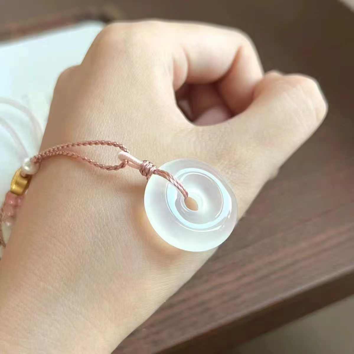 Natural Chalcedony Pi Disc Pendant Handwoven Peace Buckle Necklace Translucent Gemstone Amulet Adjustable Cord Jewelry  20260215 -04