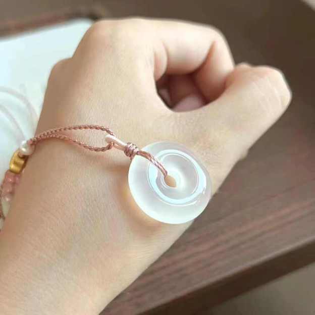 Natural Chalcedony Pi Disc Pendant Handwoven Peace Buckle Necklace Translucent Gemstone Amulet Adjustable Cord Jewelry  20260215 -04