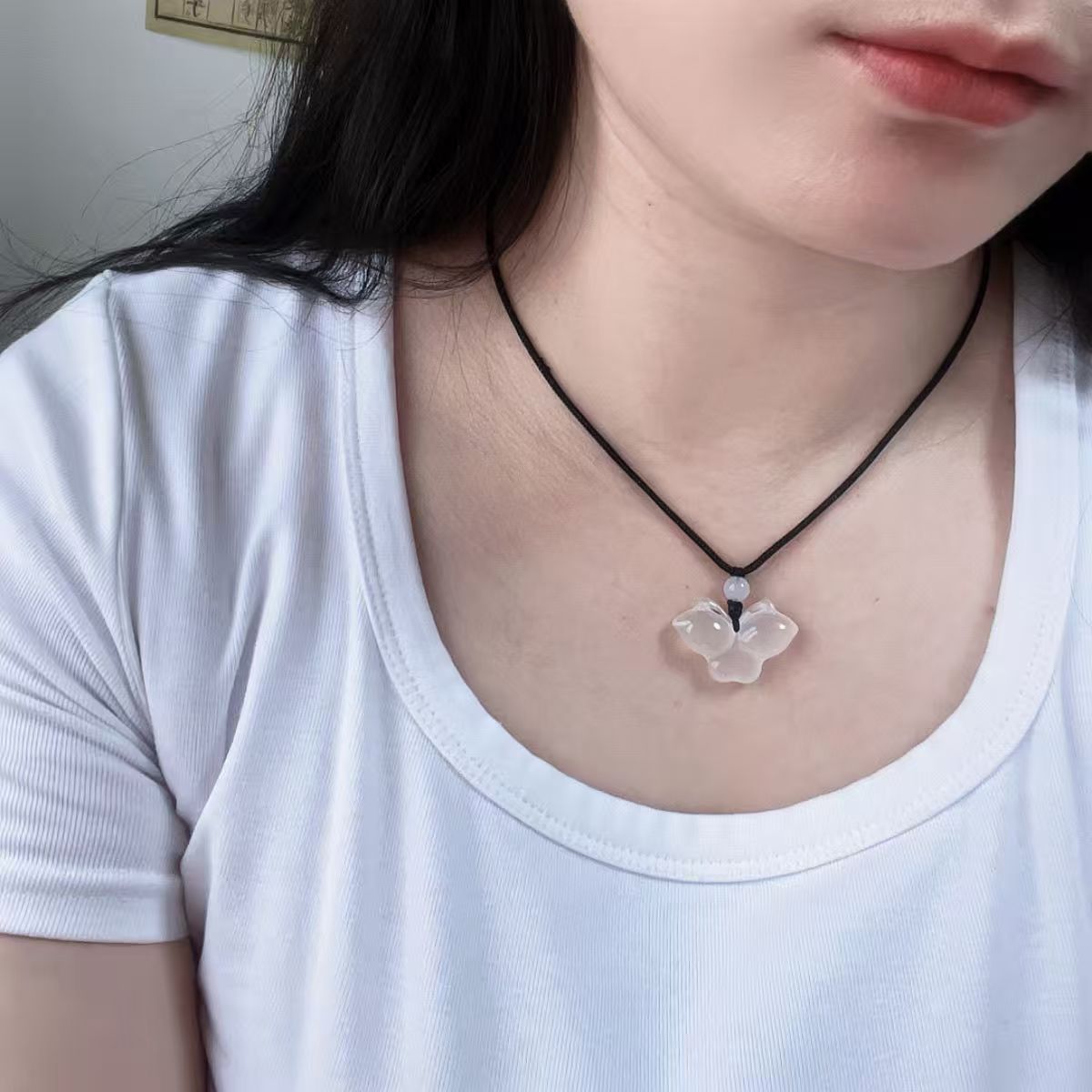 Natural White Chalcedony Butterfly Pendant Necklace Hand Carved Gemstone Insect Charm Minimal Cord Necklace 20260215 - 07