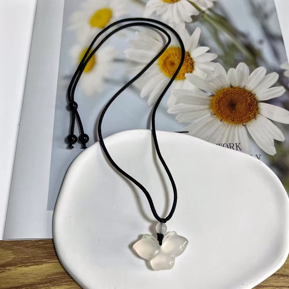 White Chalcedony Butterfly Pendant Necklace Hand Carved Gemstone