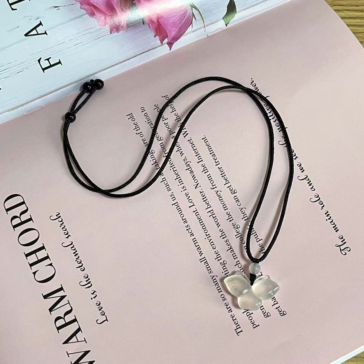 Natural White Chalcedony Butterfly Pendant Necklace Hand Carved Gemstone Insect Charm Minimal Cord Necklace 20260215 - 07