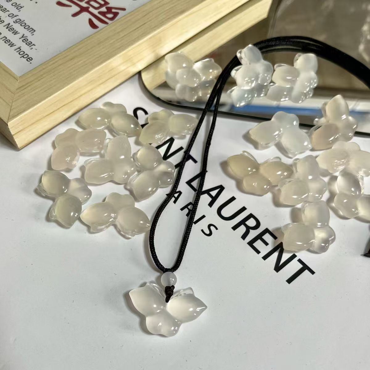 Natural White Chalcedony Butterfly Pendant Necklace Hand Carved Gemstone Insect Charm Minimal Cord Necklace 20260215 - 07