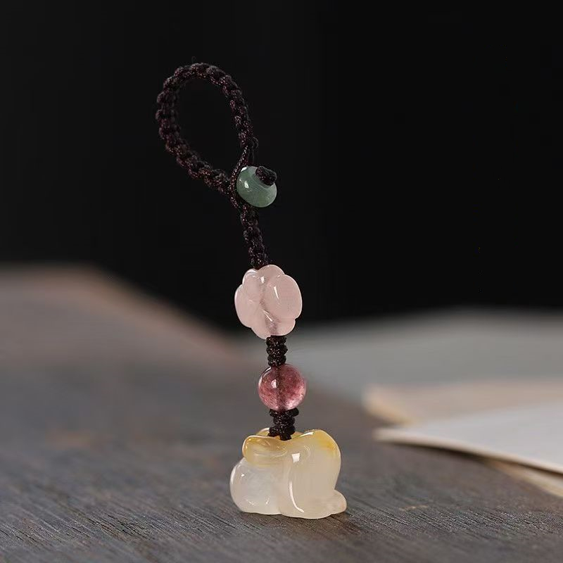 Natural Chalcedony Rabbit Pendant Mini Gemstone Bunny Charm Cute Phone Strap Keychain Bag Hanging Ornament 20260215 - 08