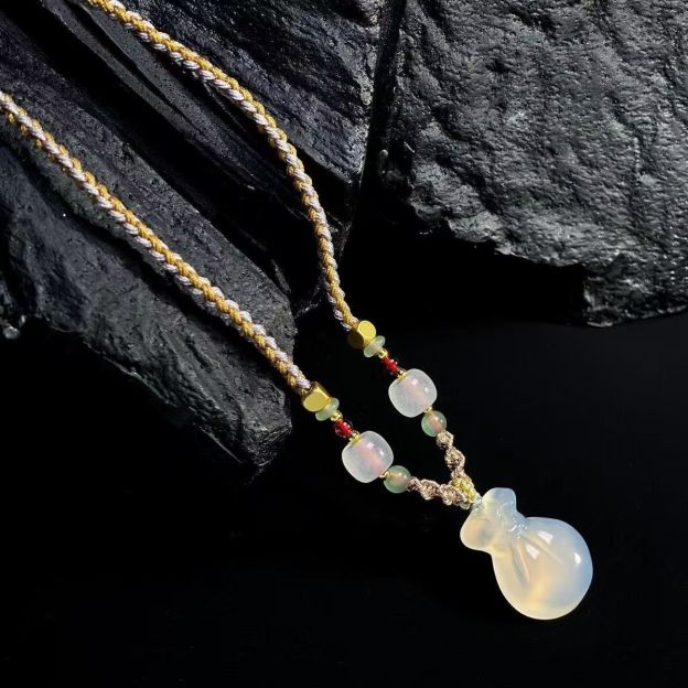 Natural Chalcedony Fortune Bag Pendant Necklace Money Pouch Gemstone Charm Handwoven Cord Adjustable Necklace 20260215 -09