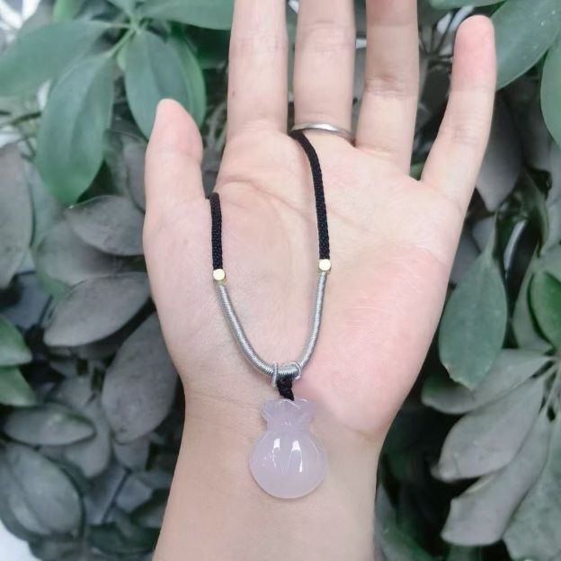 Natural Chalcedony Fortune Bag Pendant Necklace Money Pouch Gemstone Charm Handwoven Cord Adjustable Necklace 20260215 -09