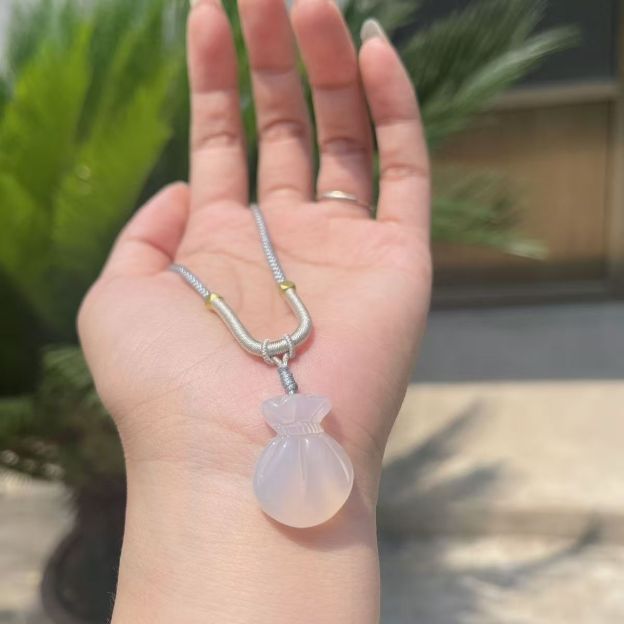 Natural Chalcedony Fortune Bag Pendant Necklace Money Pouch Gemstone Charm Handwoven Cord Adjustable Necklace 20260215 -09