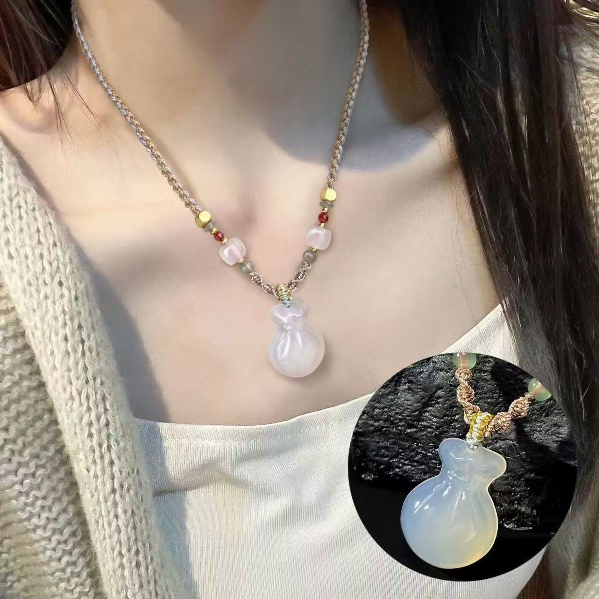 Natural Chalcedony Fortune Bag Pendant Necklace Money Pouch Gemstone Charm Handwoven Cord Adjustable Necklace 20260215 -09