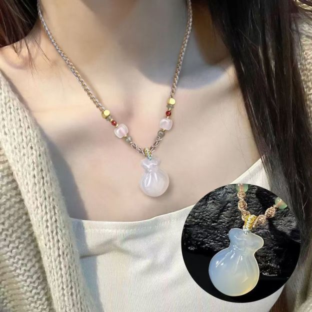 Natural Chalcedony Fortune Bag Pendant Necklace Money Pouch Gemstone Charm Handwoven Cord Adjustable Necklace 20260215 -09