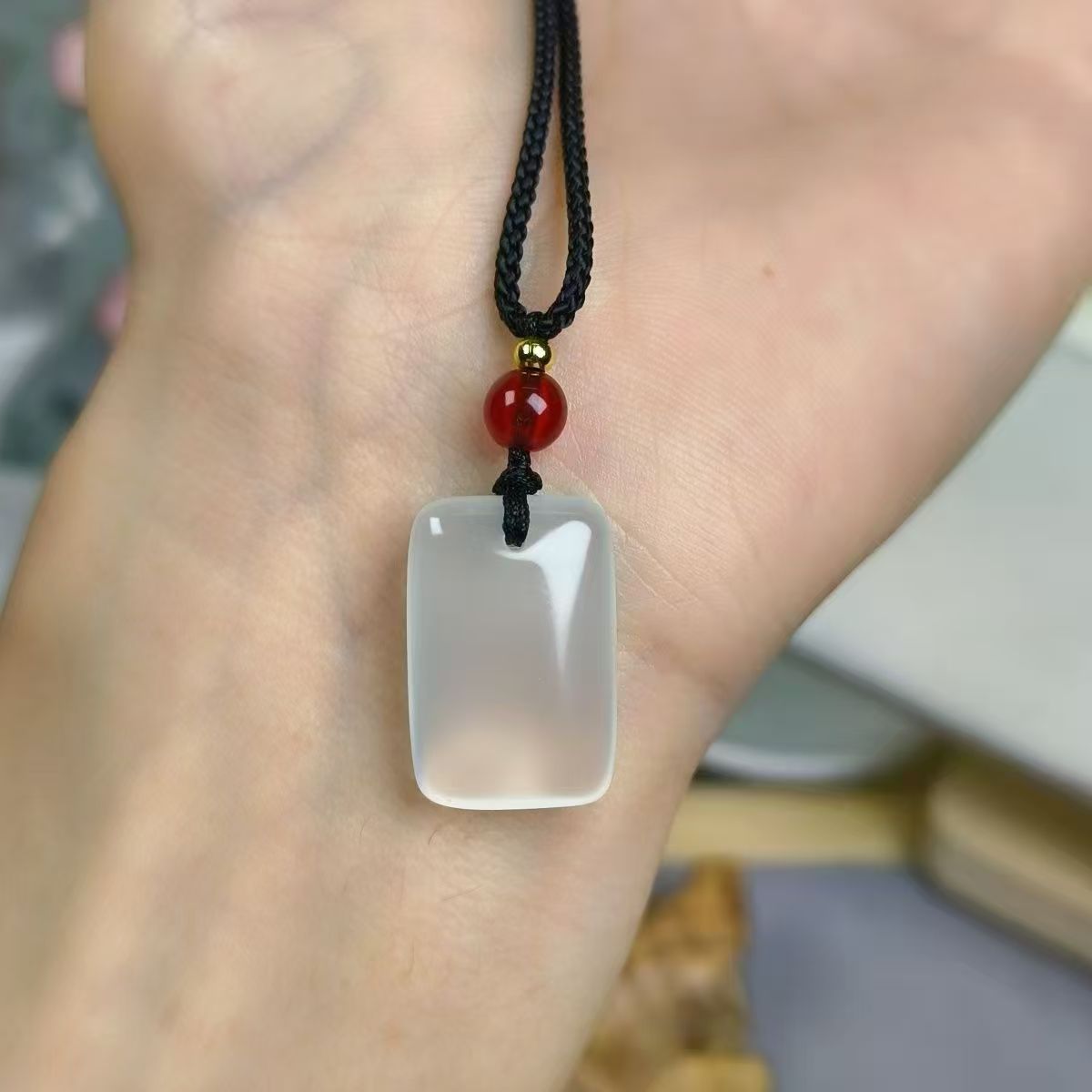 Natural Chalcedony Peace Tablet Pendant Minimal Rectangular Gemstone Amulet Smooth Polished Stone Necklace Charm26022002