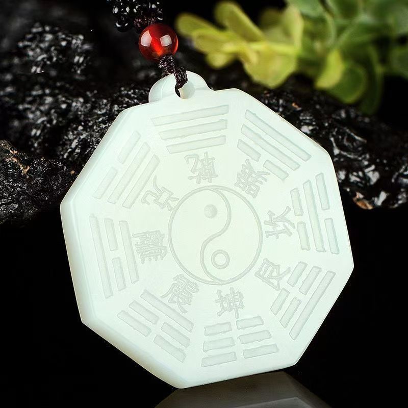 Natural White Jade Taiji Bagua Octagonal Pendant Necklace