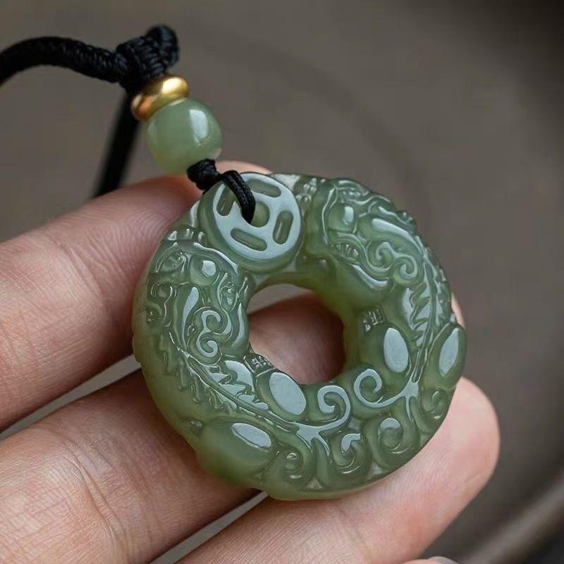 Double Pixiu Jade Peace Buckle Pendant Carved Green Gemstone Couple Necklace Circular Amulet Charm26022103