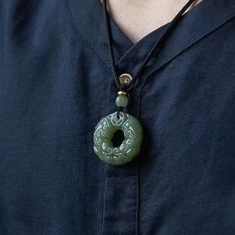 Double Pixiu Jade Peace Buckle Pendant Carved Green Gemstone Couple Necklace Circular Amulet Charm26022103