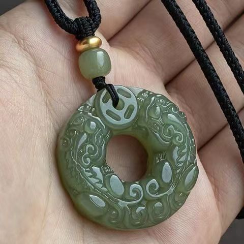 Double Pixiu Jade Peace Buckle Pendant Carved Green Gemstone Couple Necklace Circular Amulet Charm26022103