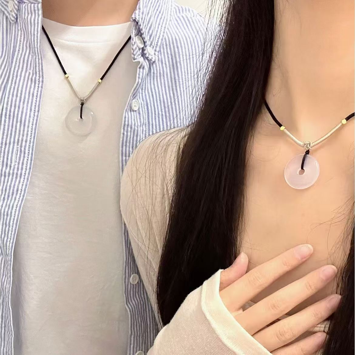 Natural White Agate Peace Buckle Pendant Chalcedony Round Gemstone Necklace Minimalist Circle Charm