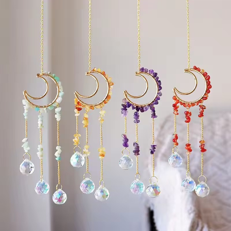 Moon Crystal Suncatcher Hanging Ornament Handmade Wire Wrapped Chip Stone Wind Chime Decor