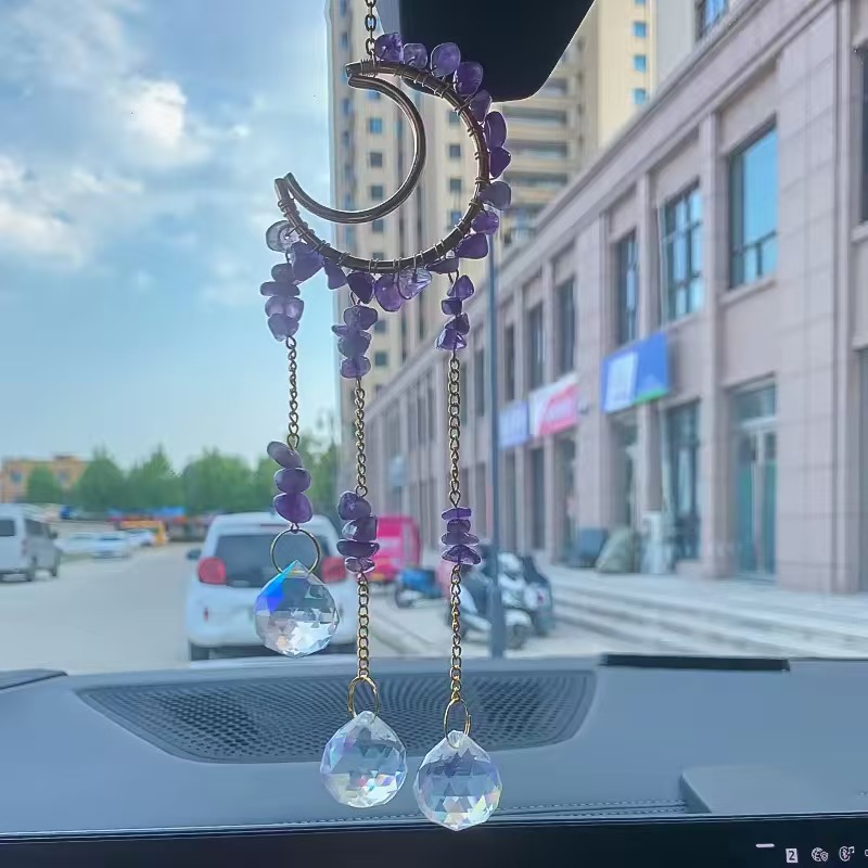 Moon Crystal Suncatcher Hanging Ornament Handmade Wire Wrapped Chip Stone Wind Chime Decor