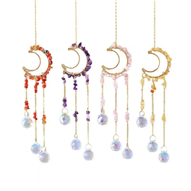 Moon Crystal Suncatcher Hanging Ornament Handmade Wire Wrapped Chip Stone Wind Chime Decor