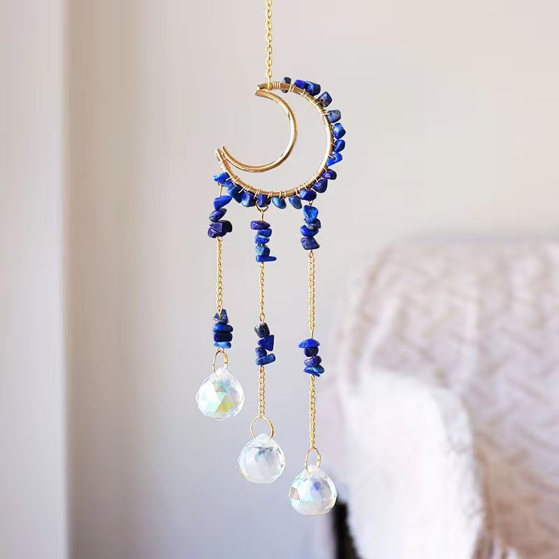 Moon Crystal Suncatcher Hanging Ornament Handmade Wire Wrapped Chip Stone Wind Chime Decor