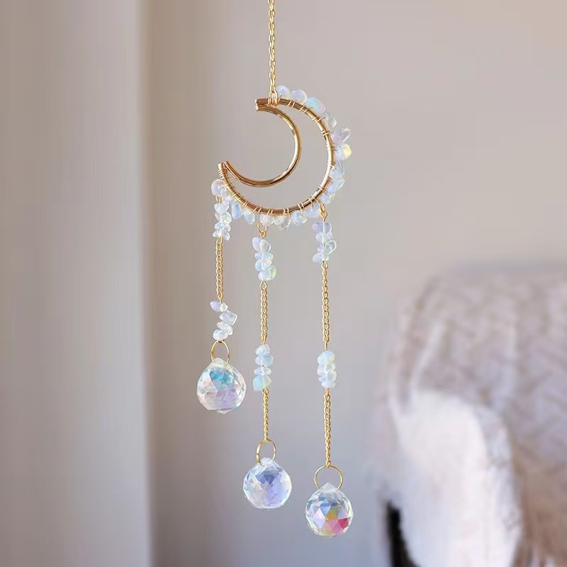 Moon Crystal Suncatcher Hanging Ornament Handmade Wire Wrapped Chip Stone Wind Chime Decor