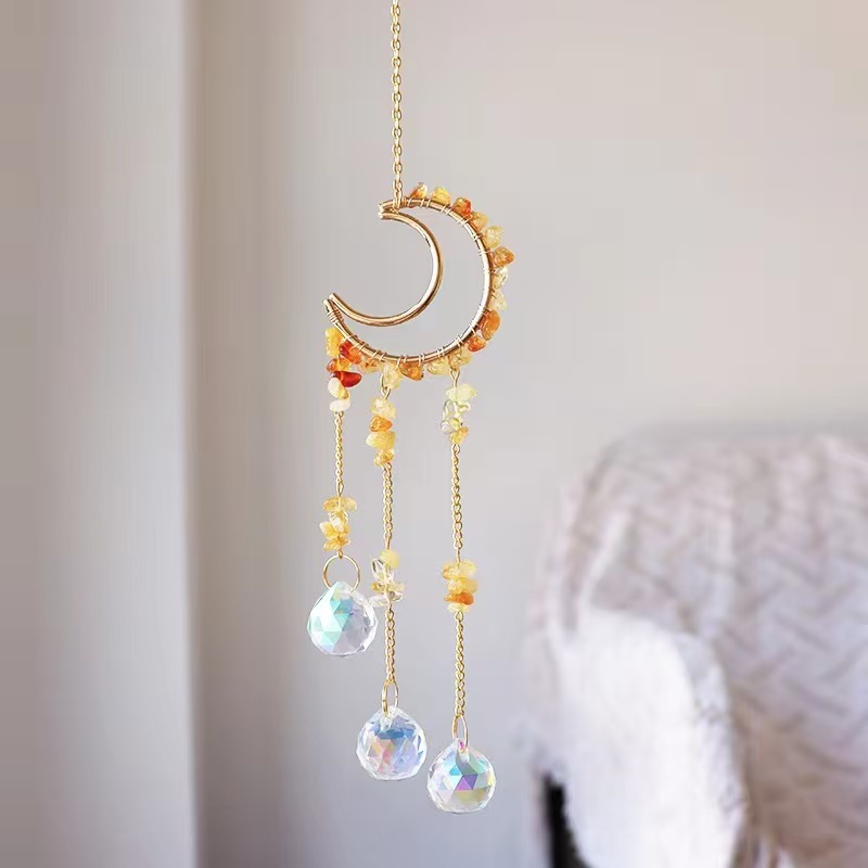Moon Crystal Suncatcher Hanging Ornament Handmade Wire Wrapped Chip Stone Wind Chime Decor