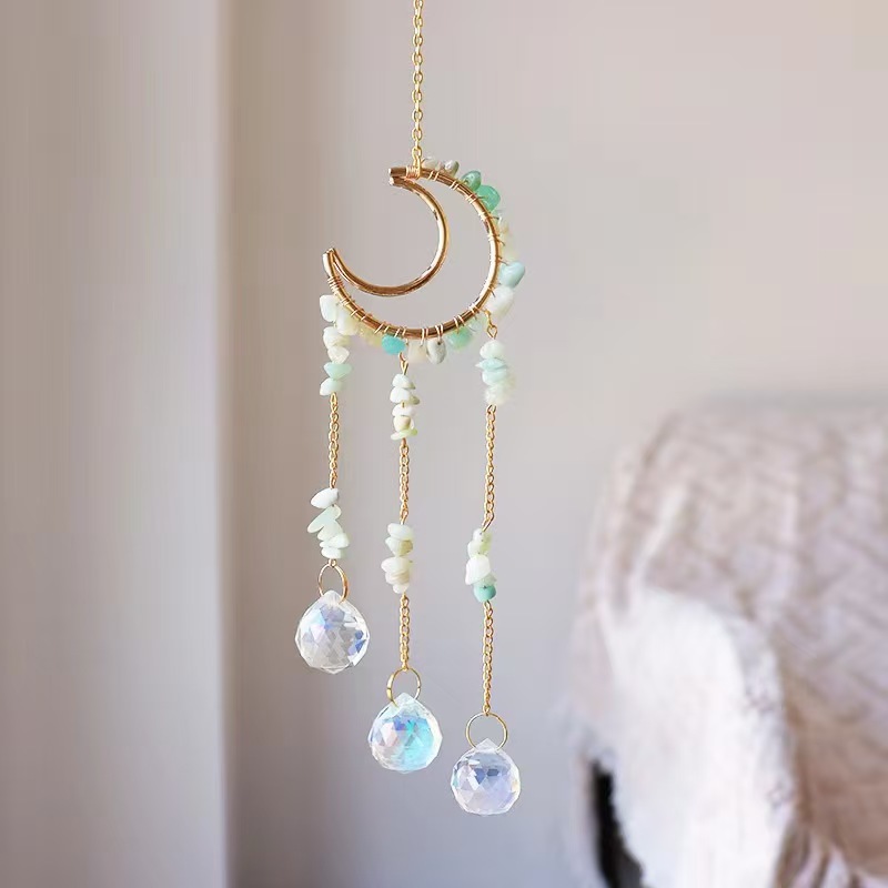 Moon Crystal Suncatcher Hanging Ornament Handmade Wire Wrapped Chip Stone Wind Chime Decor