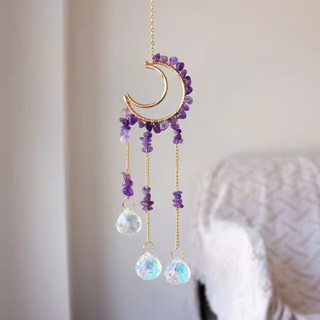 Moon Crystal Suncatcher Hanging Ornament Handmade Wire Wrapped Chip Stone Wind Chime Decor