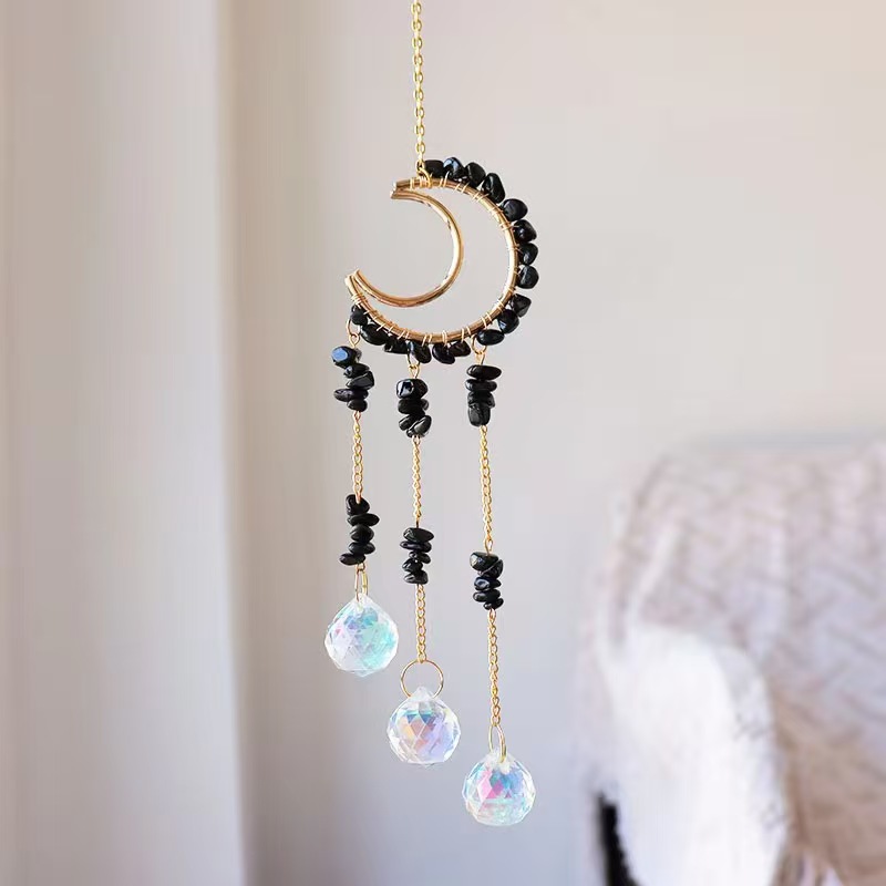 Moon Crystal Suncatcher Hanging Ornament Handmade Wire Wrapped Chip Stone Wind Chime Decor