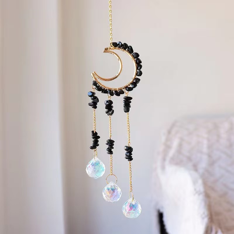 Moon Crystal Suncatcher Hanging Ornament Handmade Wire Wrapped Chip Stone Wind Chime Decor