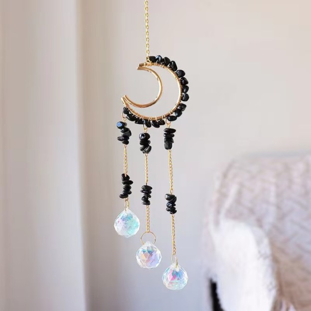 Moon Crystal Suncatcher Hanging Ornament Handmade Wire Wrapped Chip Stone Wind Chime Decor